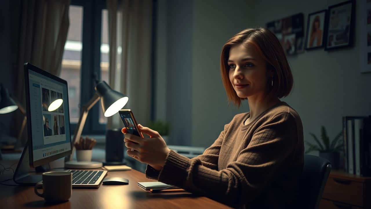 A woman editing photos on her phone in a cozy home office.