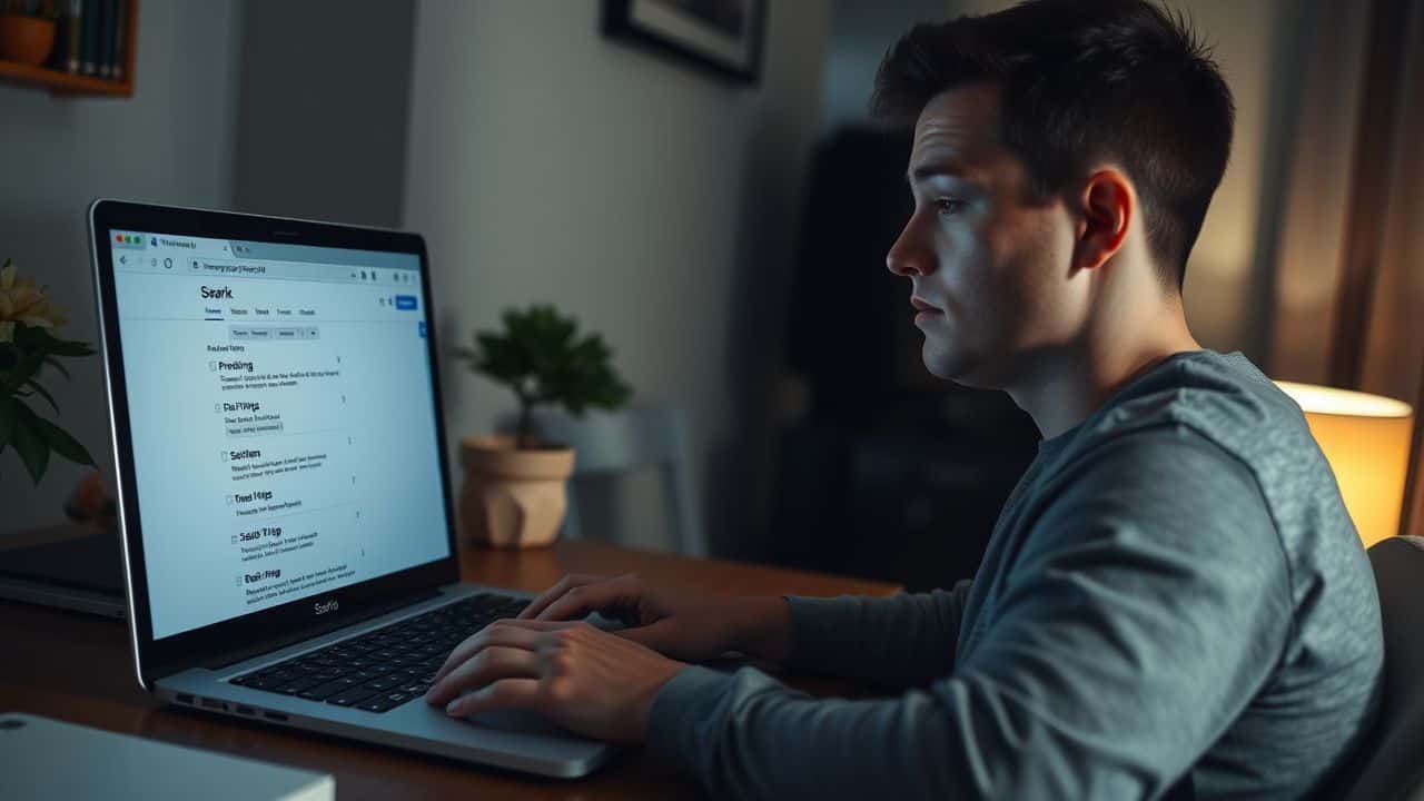 A person working on their laptop at a cozy home office.