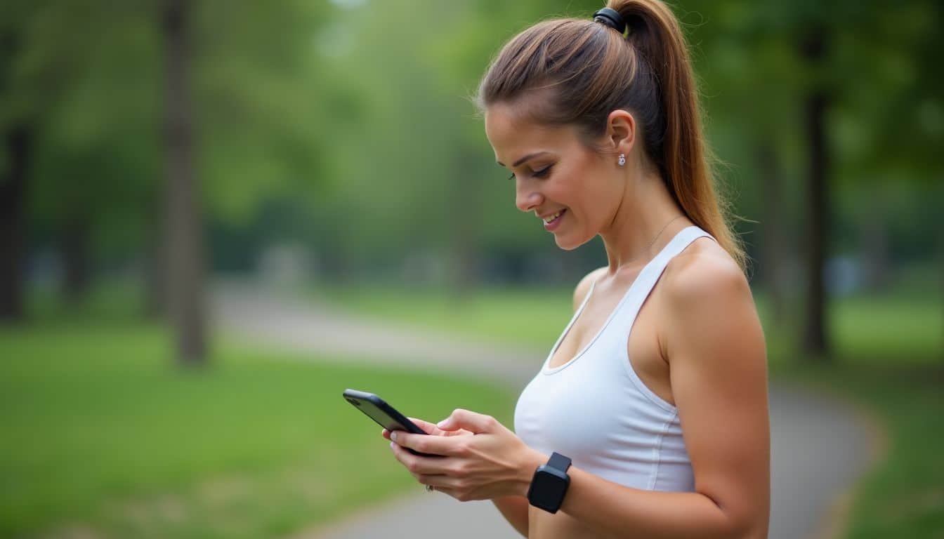 A middle-aged woman in athletic attire checks her fitness app in the park.