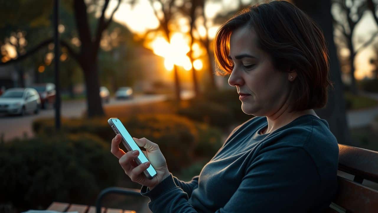 A person in their 30s sitting on a park bench while using their phone.