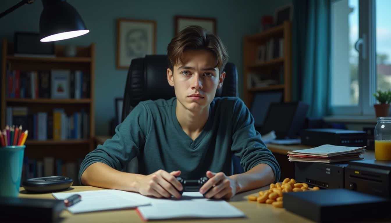 A tired teenager sits at a cluttered desk surrounded by gaming consoles.