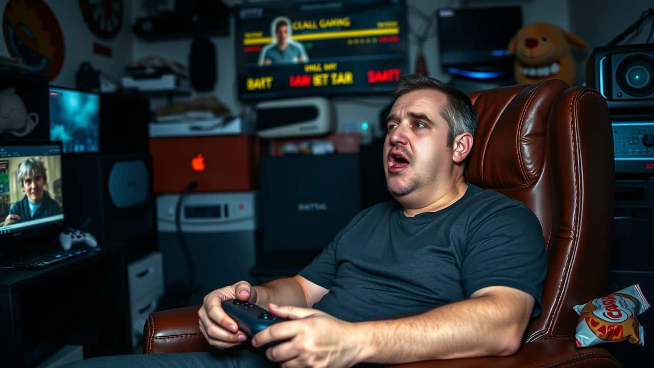 A thirty-something male gamer sitting in cluttered room, playing video game.