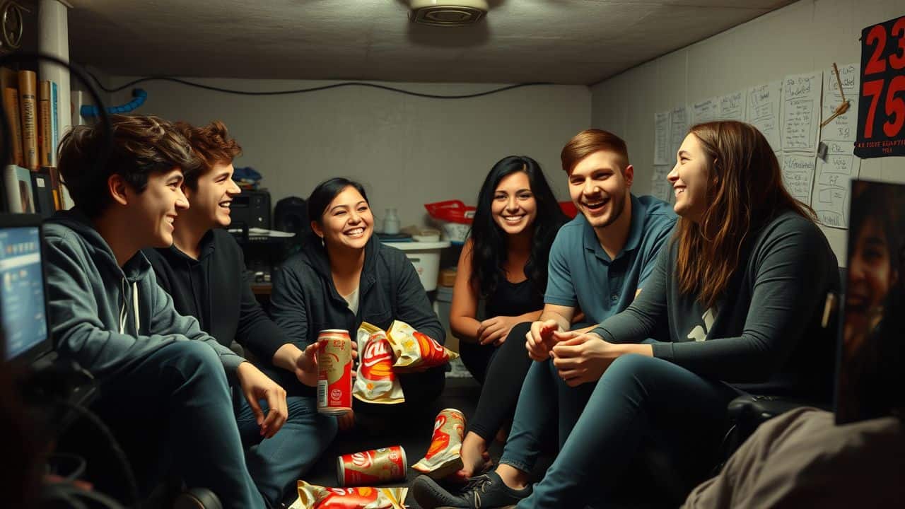 A group of young gamers enjoying each other's company in a cluttered basement.