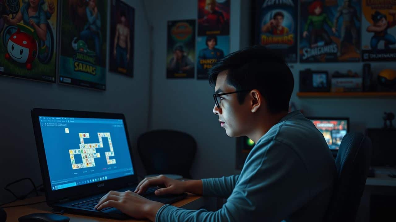 A person playing a puzzle game on a laptop in a gaming-themed room.