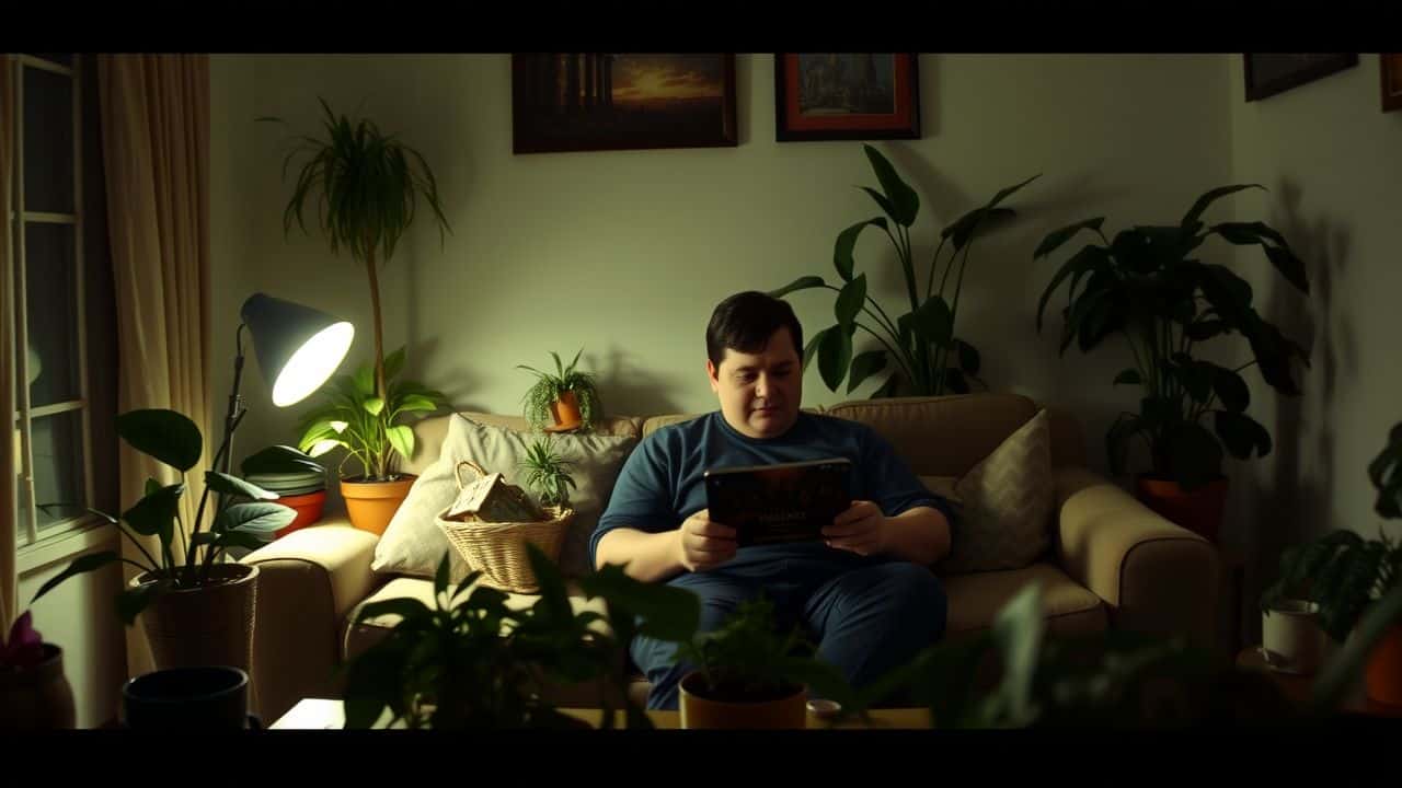 A person playing a video game in a cozy living room.