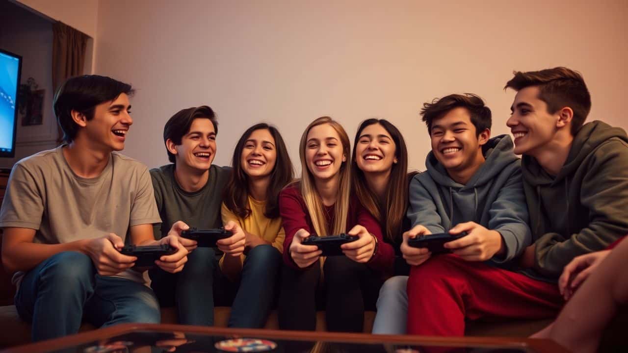 A group of young adults enjoying video games in a cozy living room.