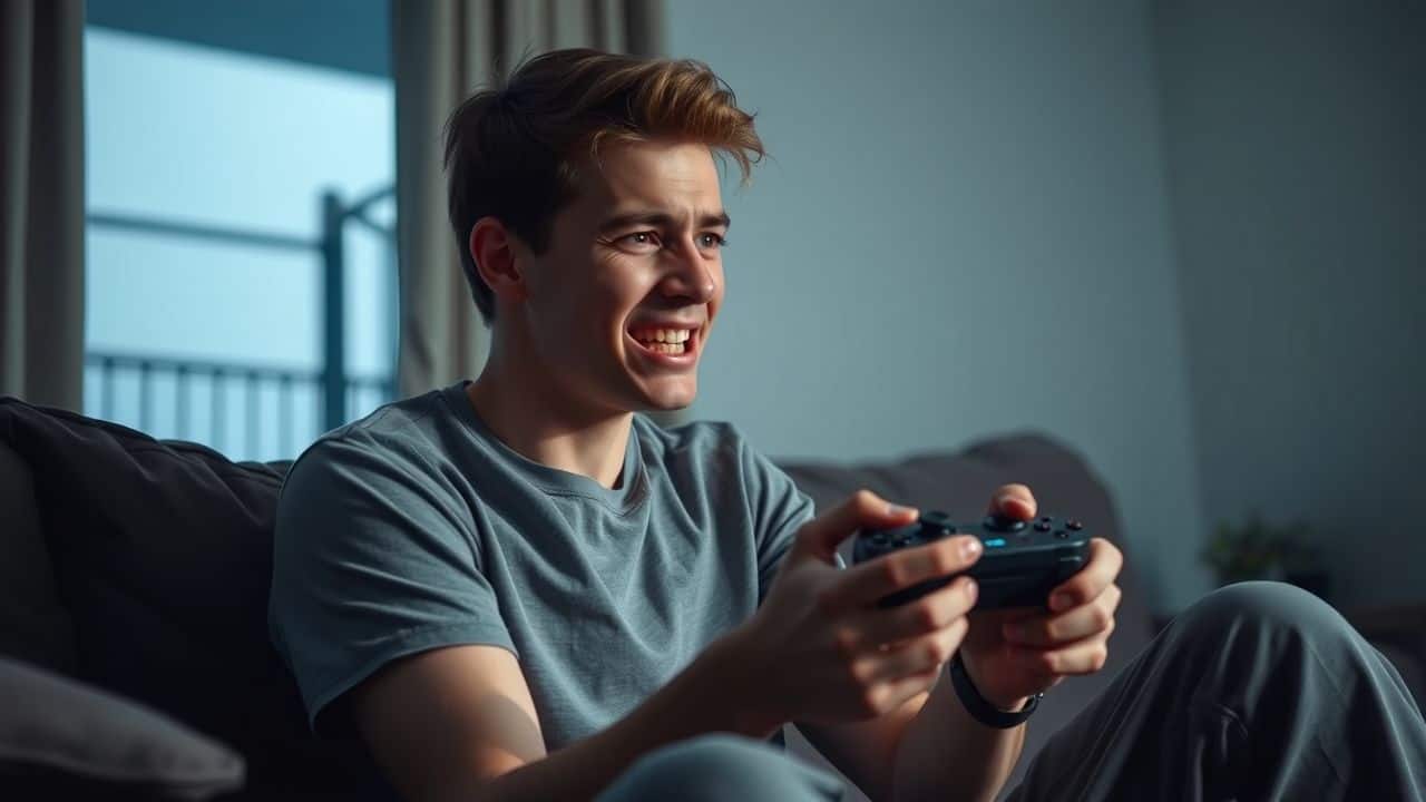 A young man playing video games on a couch with mixed emotions.