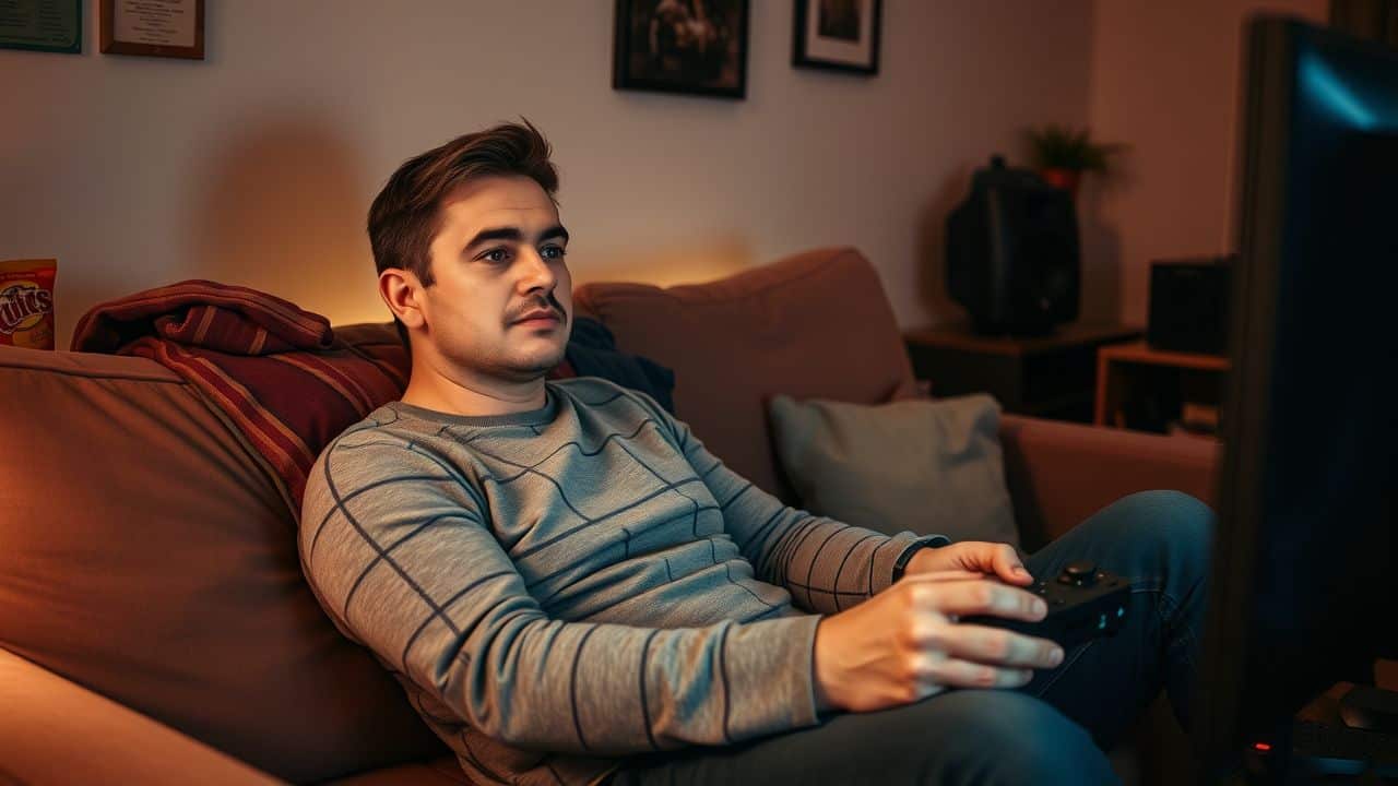 A man in his 30s is playing video games on a couch.