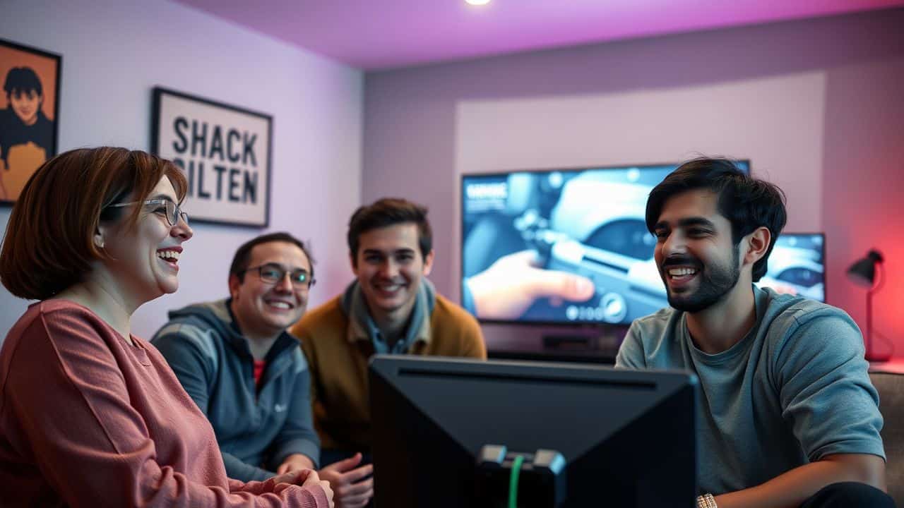 A group of mid-20s friends having fun playing video games.