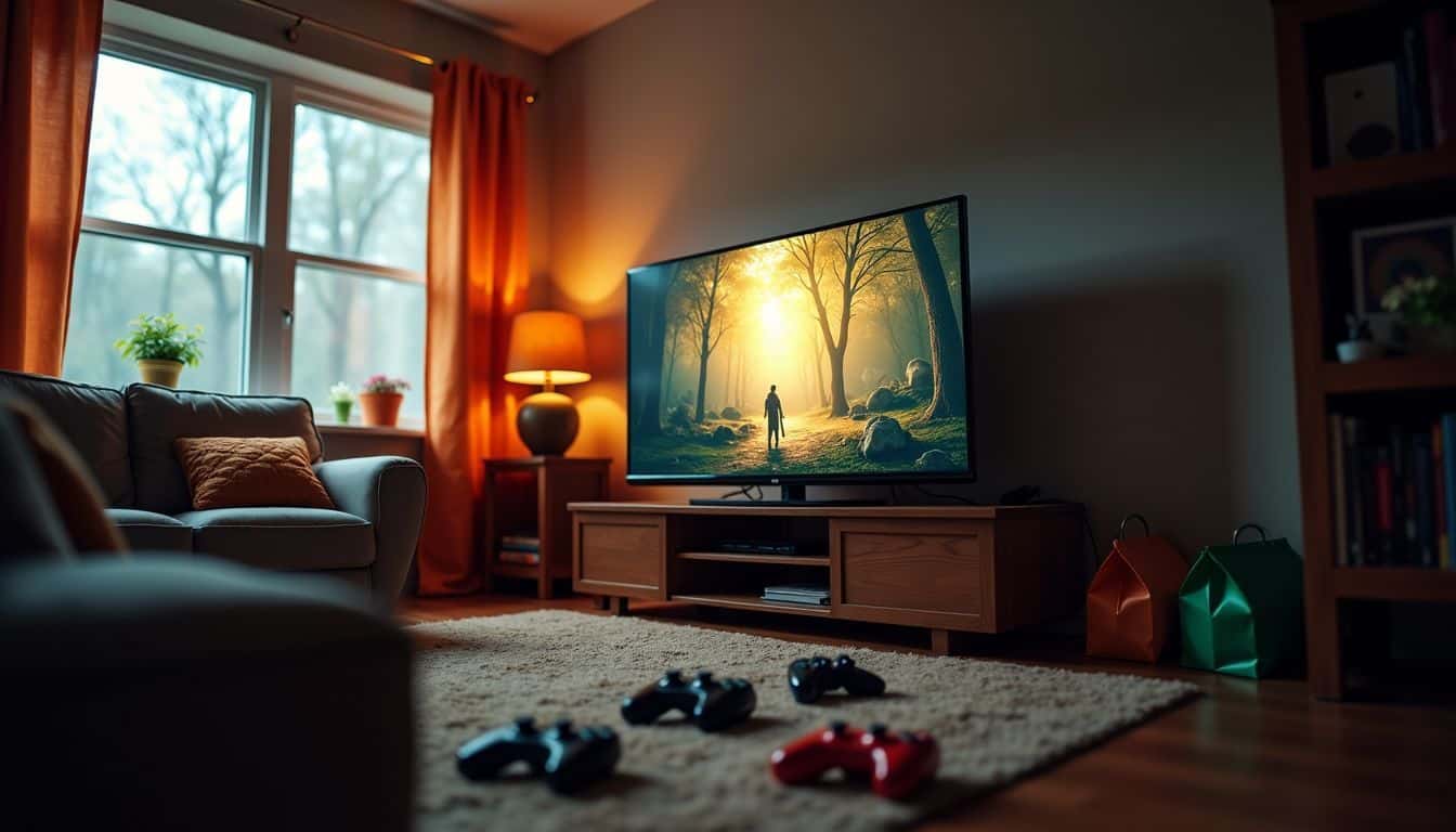 A cozy living room with a TV screen showing an RPG game.