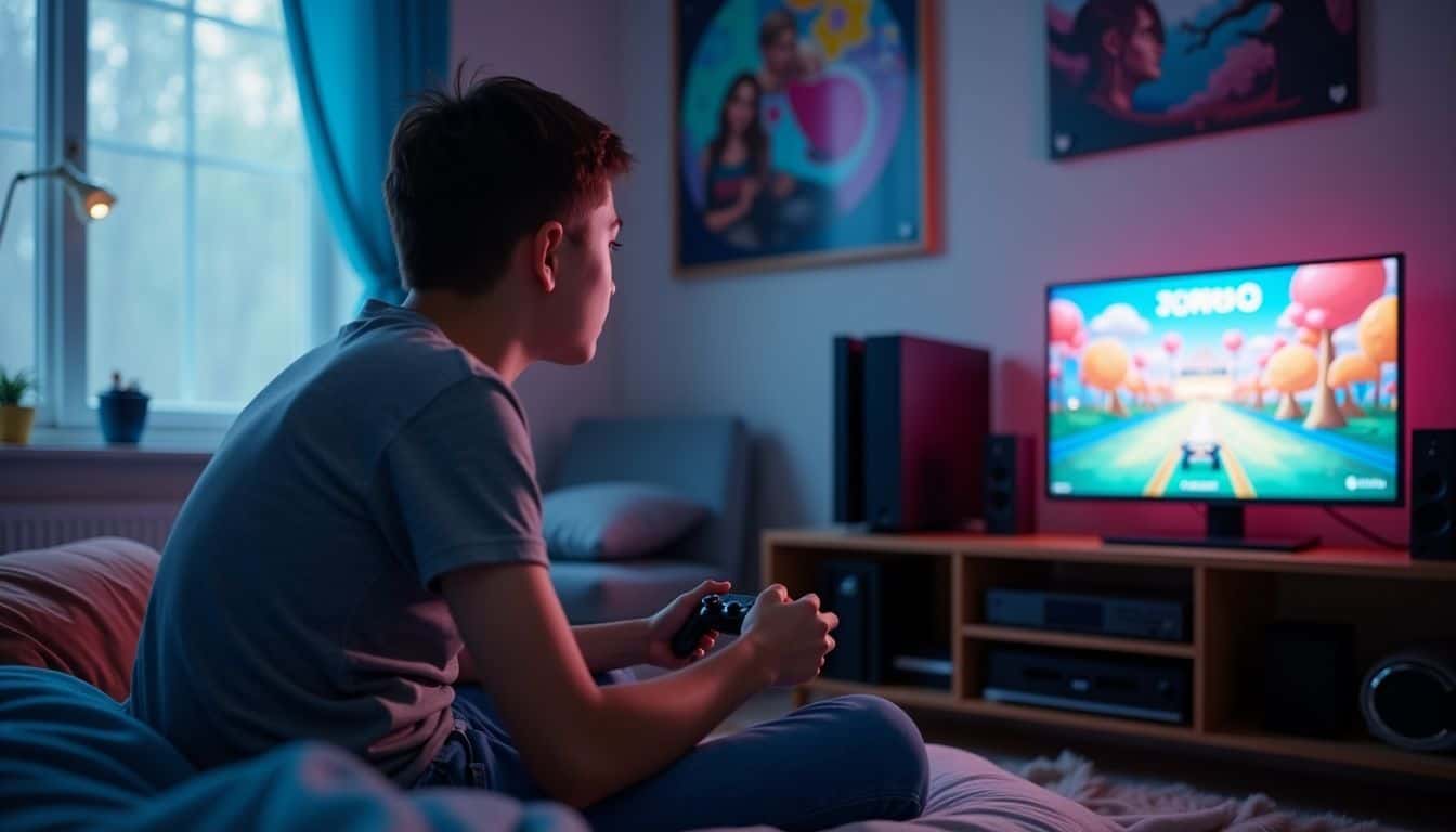 A teenager playing video games in a cozy, gaming-themed bedroom.