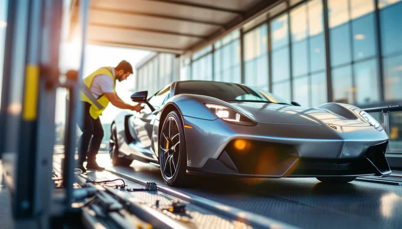 A professional driver loads a luxurious car onto a transport trailer.