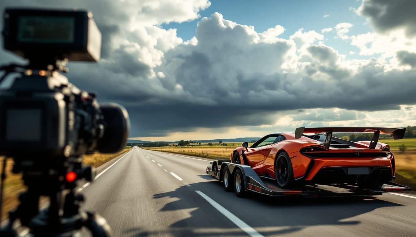 A luxury car being transported on an open trailer.