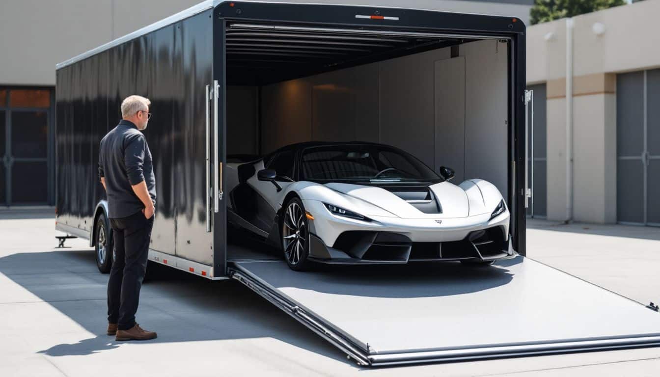 A person oversees loading a sleek exotic car onto an enclosed trailer.