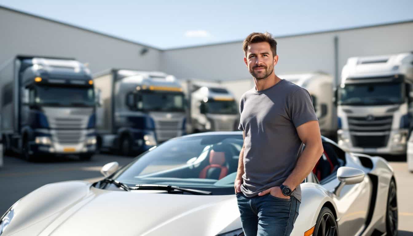 A man stands with a high-end exotic car at a transport facility.