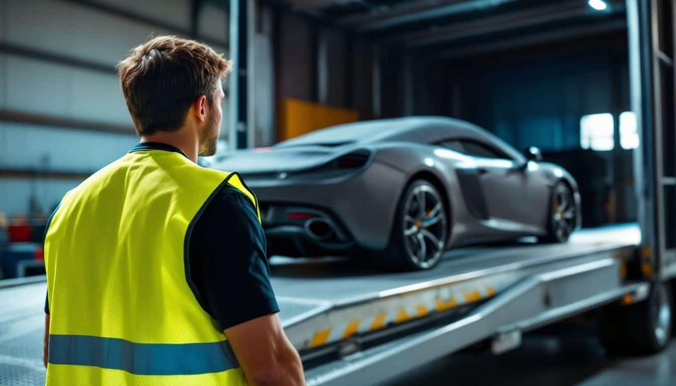 A luxury sports car being loaded onto a transport carrier in a warehouse.