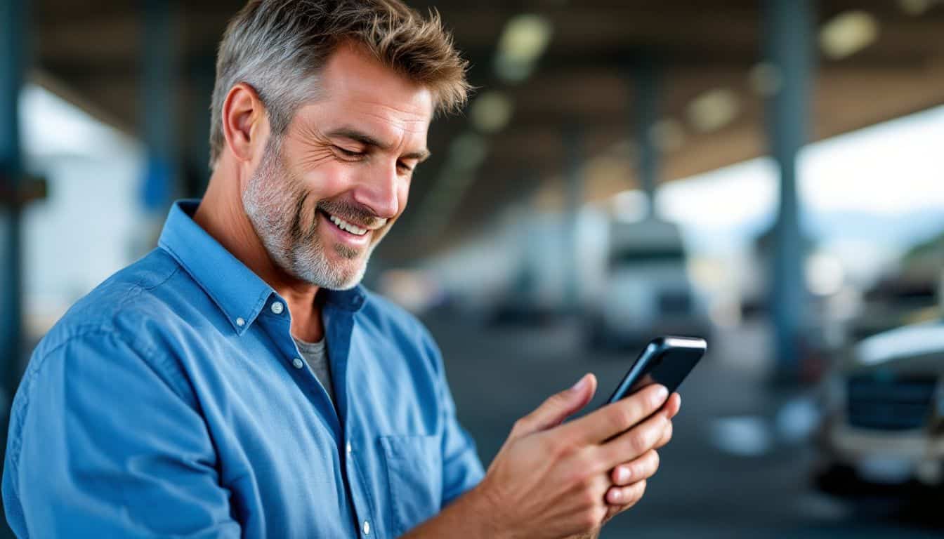 A man excitedly tracks his exotic car's GPS at a truck stop.