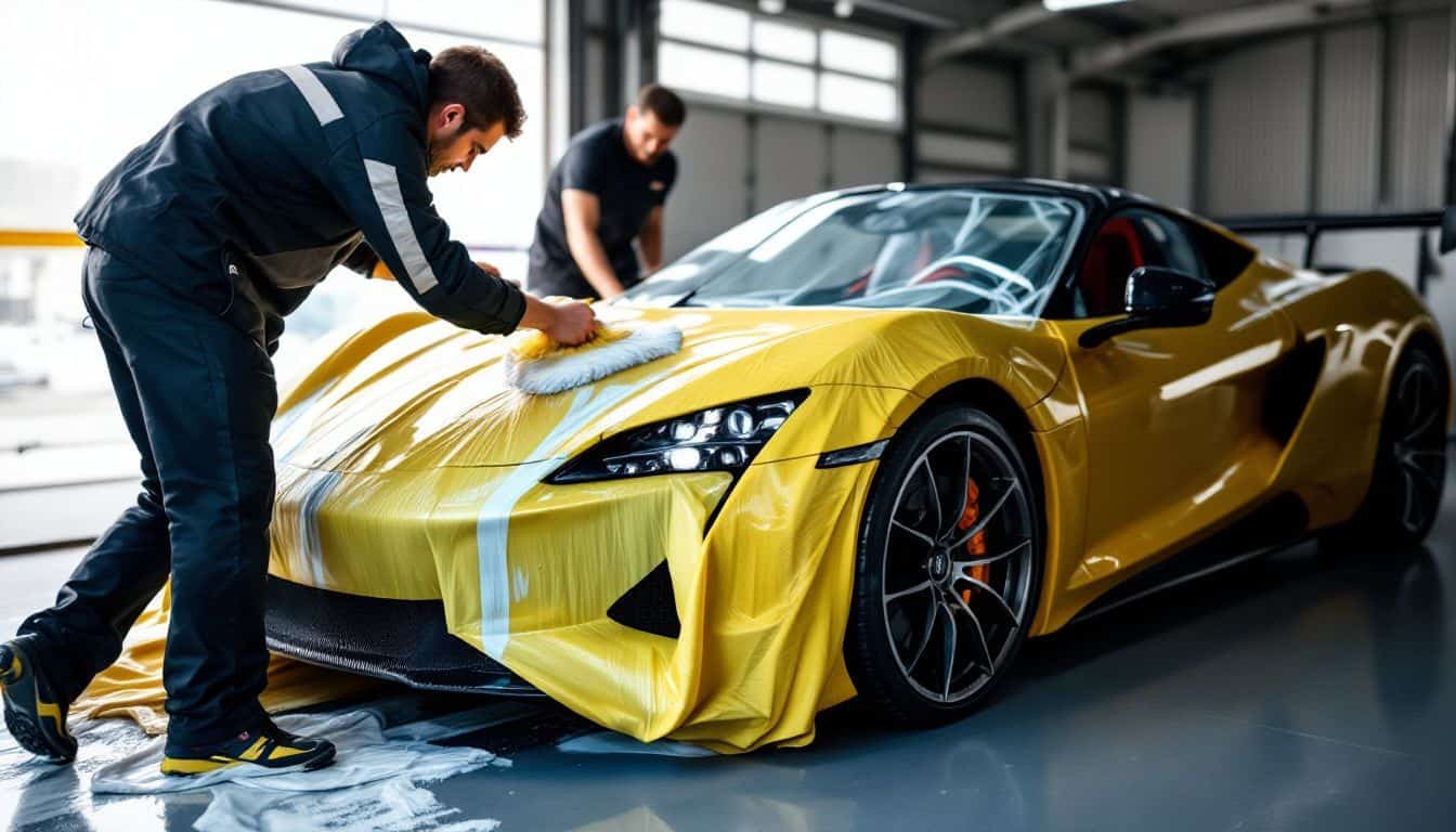 A luxury sports car being cleaned and waxed in a garage.