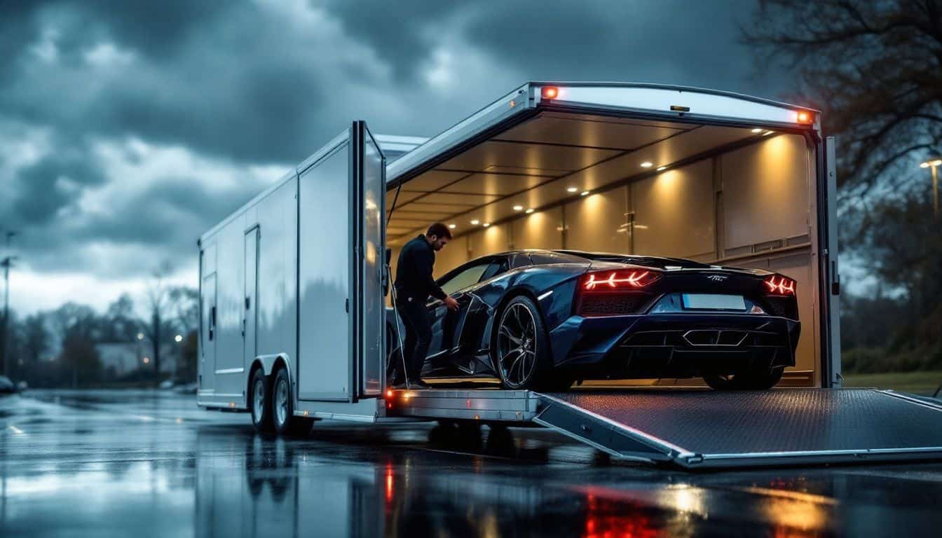 A luxurious exotic car is securely transported in an enclosed trailer.