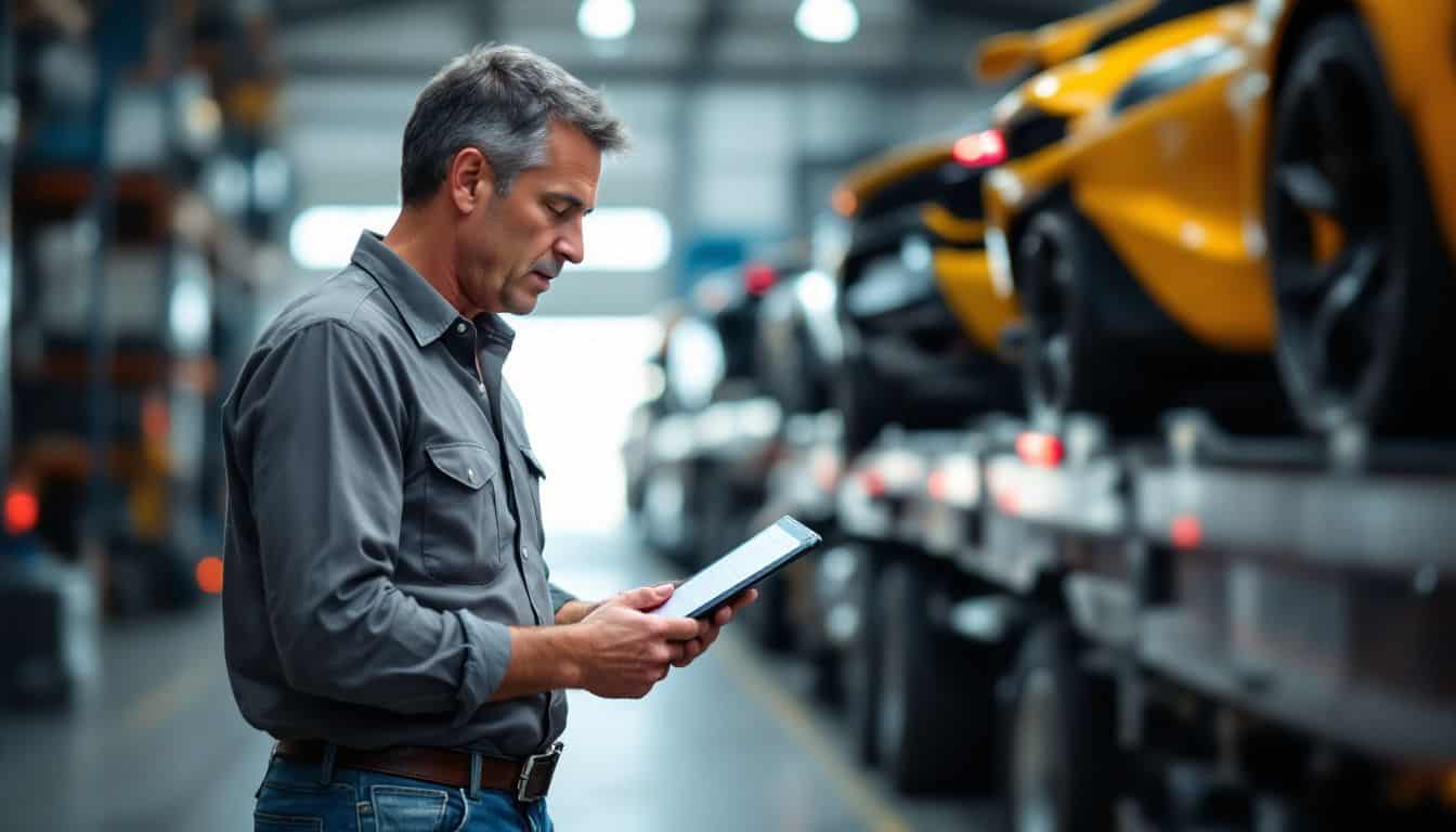 A man is evaluating exotic car transporters in a warehouse.