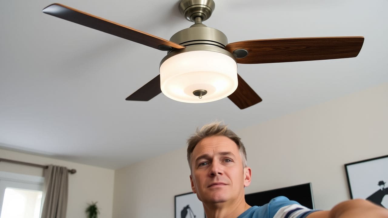 A modern ceiling fan with sleek light kit and stylish remote control.