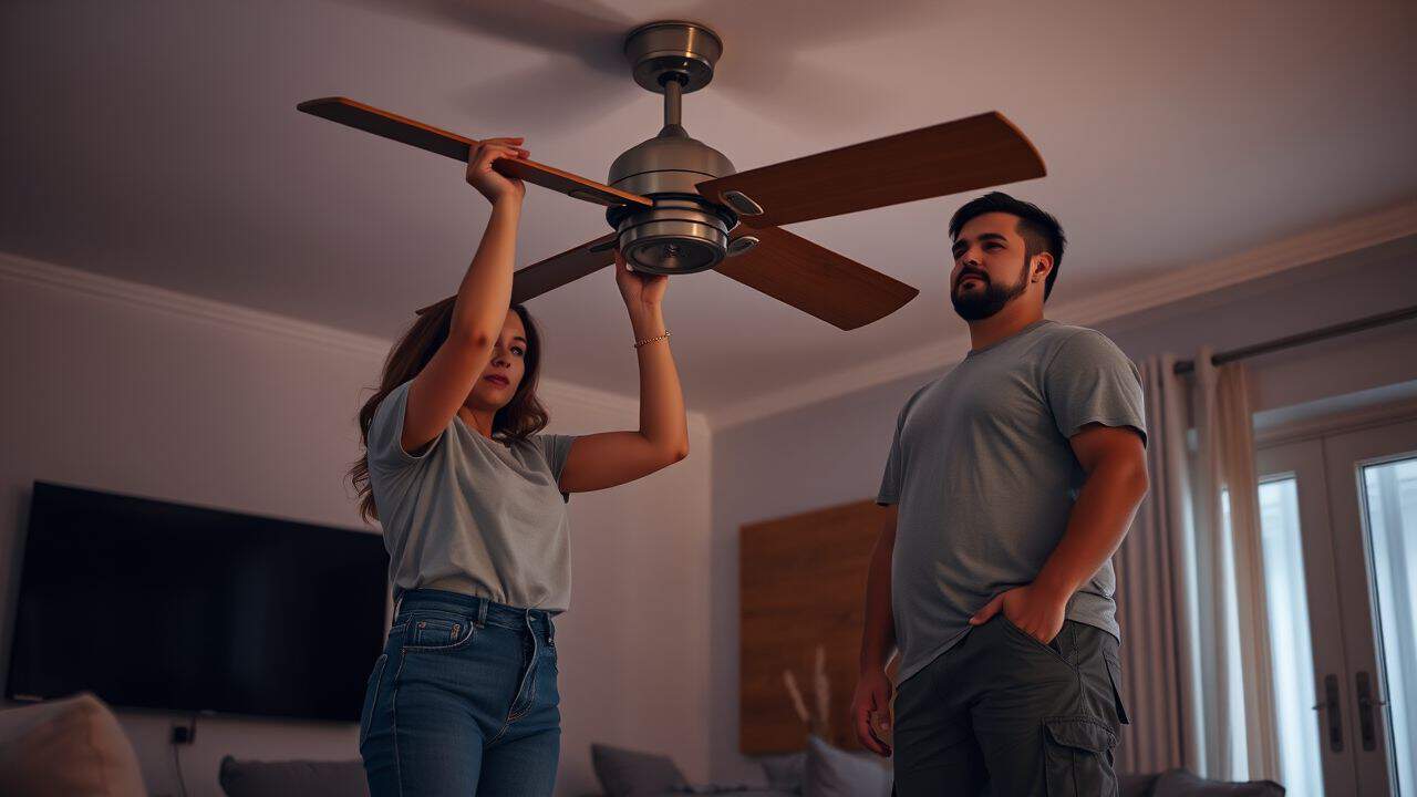 A couple installs a low-profile ceiling fan in their living room.