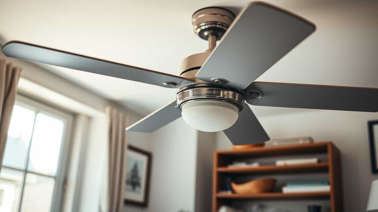 A low-profile ceiling fan in a cozy bedroom with a person.