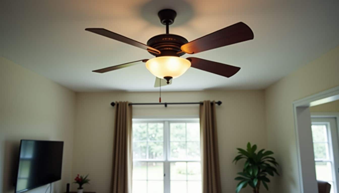 A ceiling fan hangs in a spacious living room.