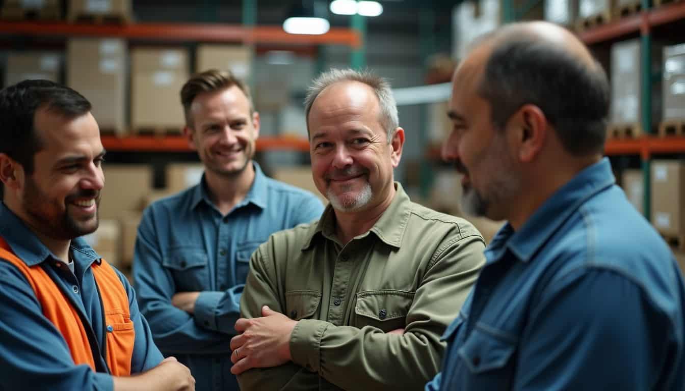 A group of workers testing commercial ceiling fans in a warehouse.