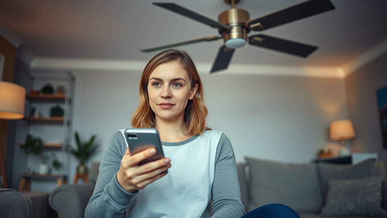 A woman in her 30s adjusting a smart ceiling fan in a living room.