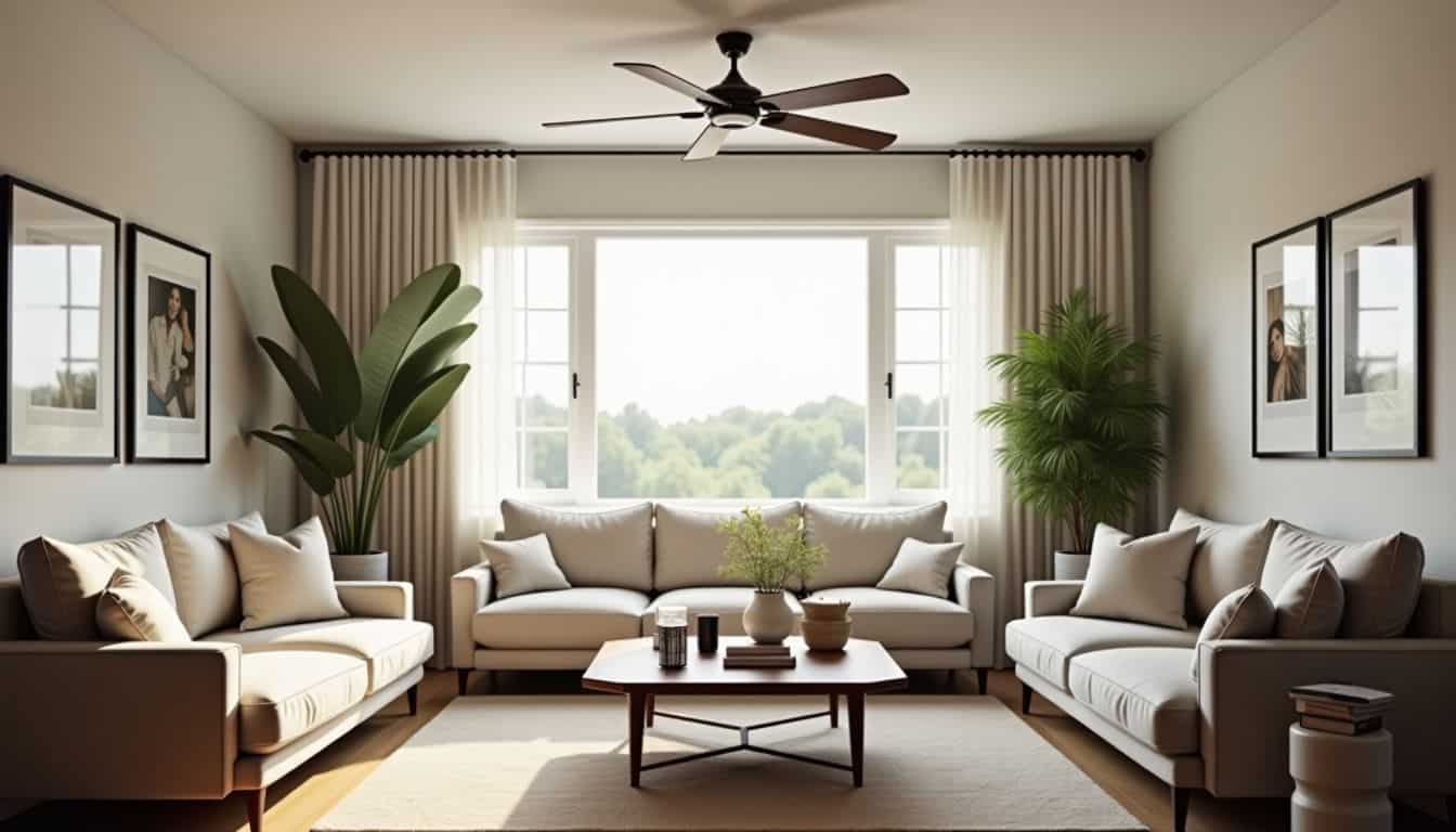 A cozy living room with modern furniture and a sleek ceiling fan.
