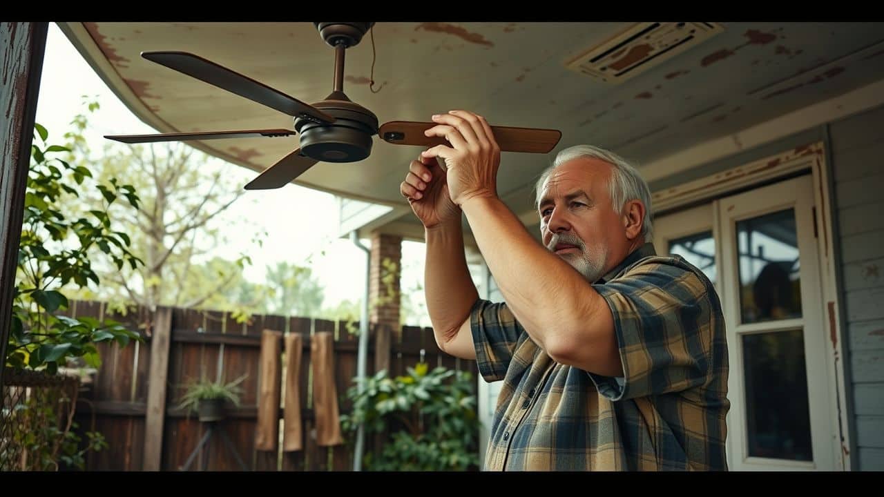 An elderly man installs a worn outdoor ceiling fan on a rustic patio.