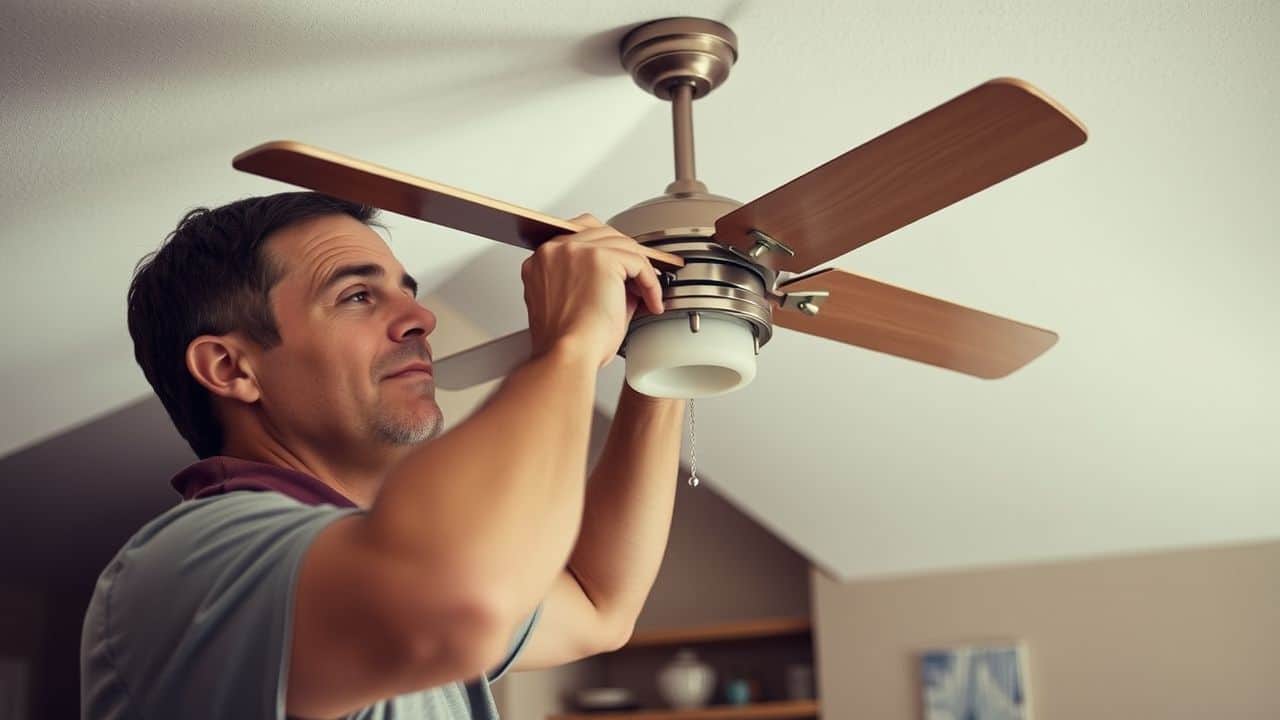 A man is installing a ceiling fan in a living room.