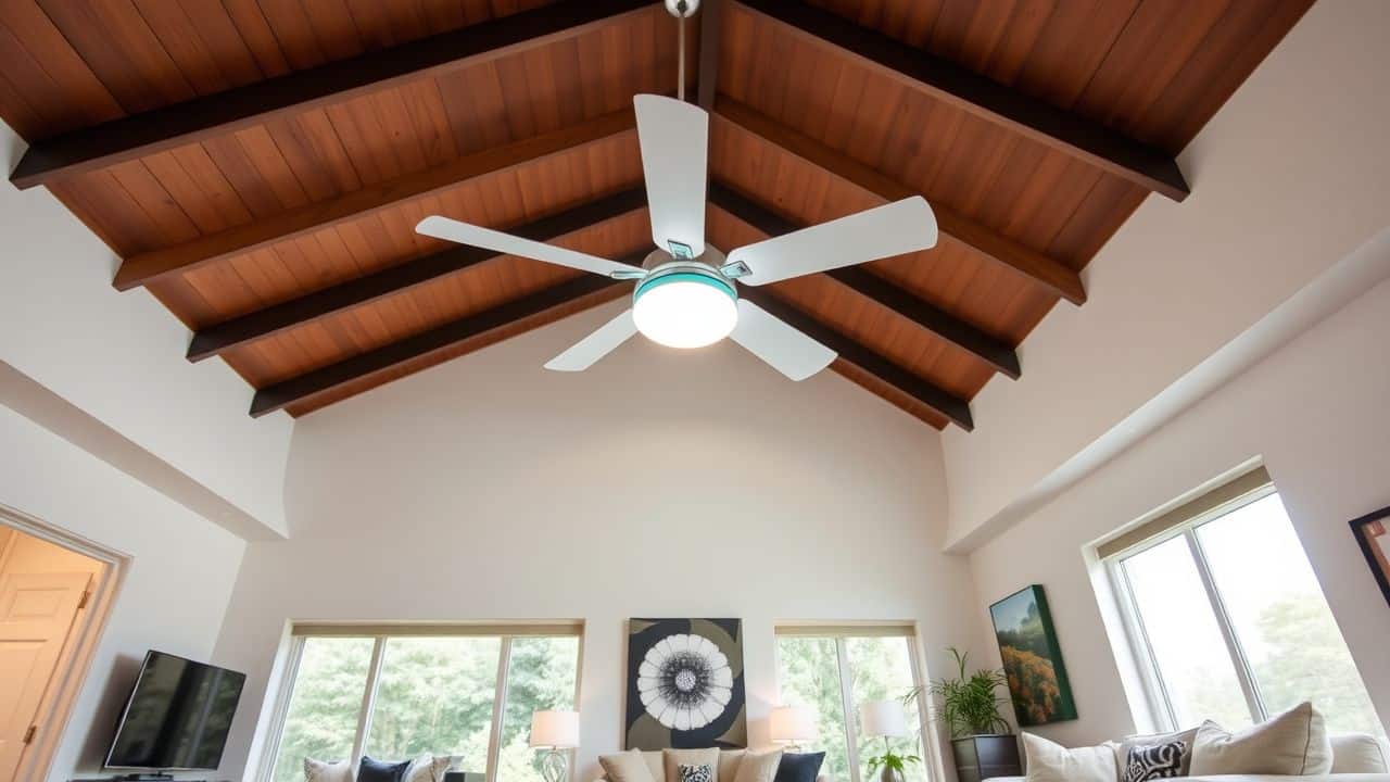 A modern living room with a stylish ceiling fan and contemporary decor.