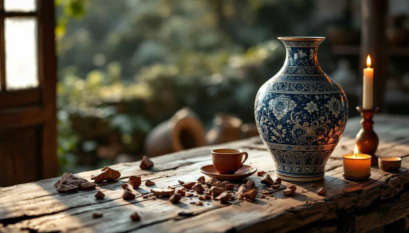 A traditional vase sits on a cracked wooden table in a countryside setting.