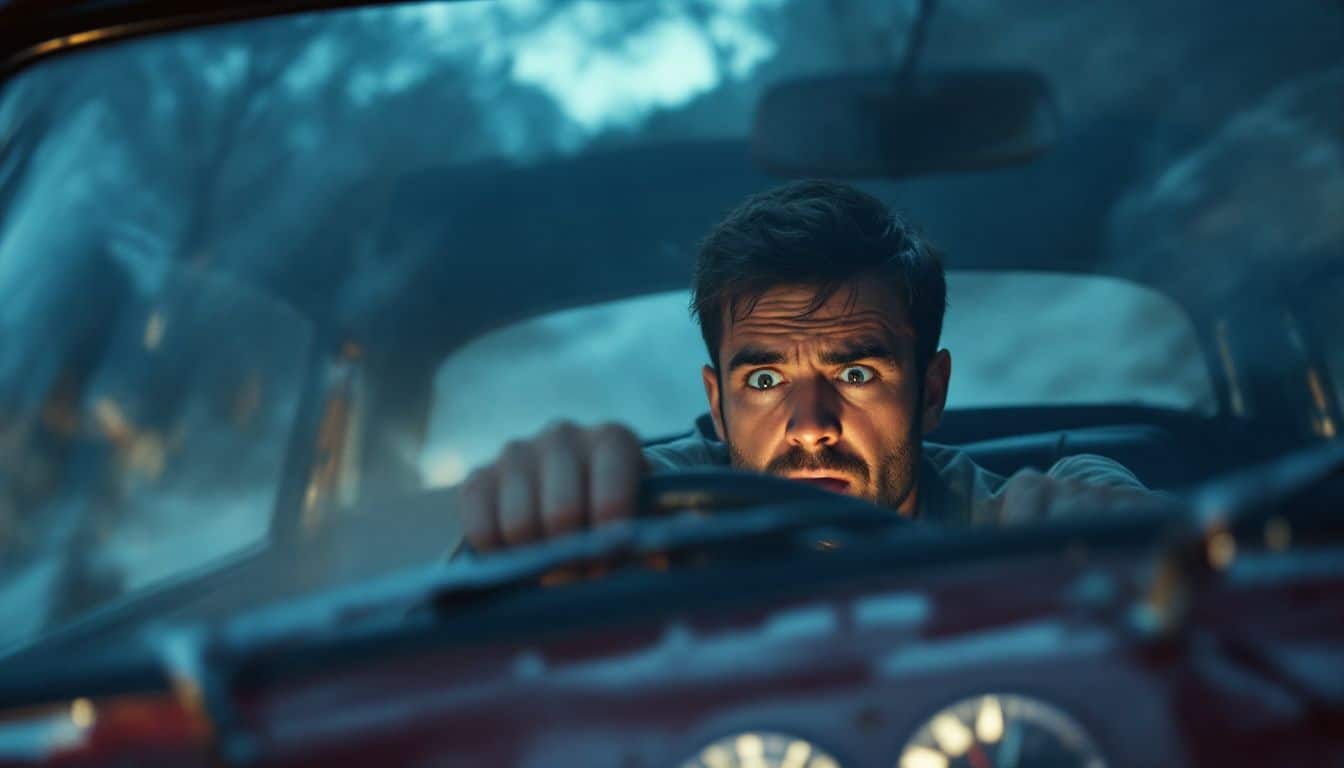 A man in a vintage car struggles to brake down a steep hill.