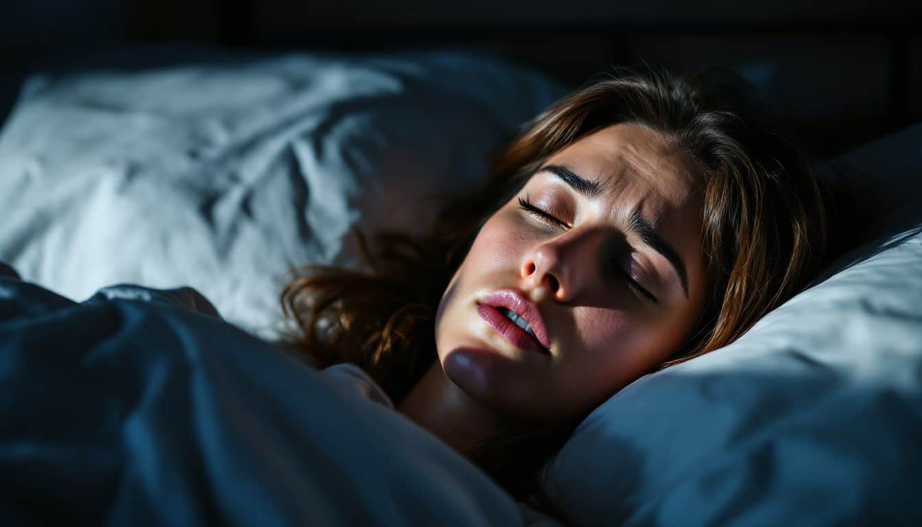 A woman in her 30s sleeps in bed with a disturbed expression.