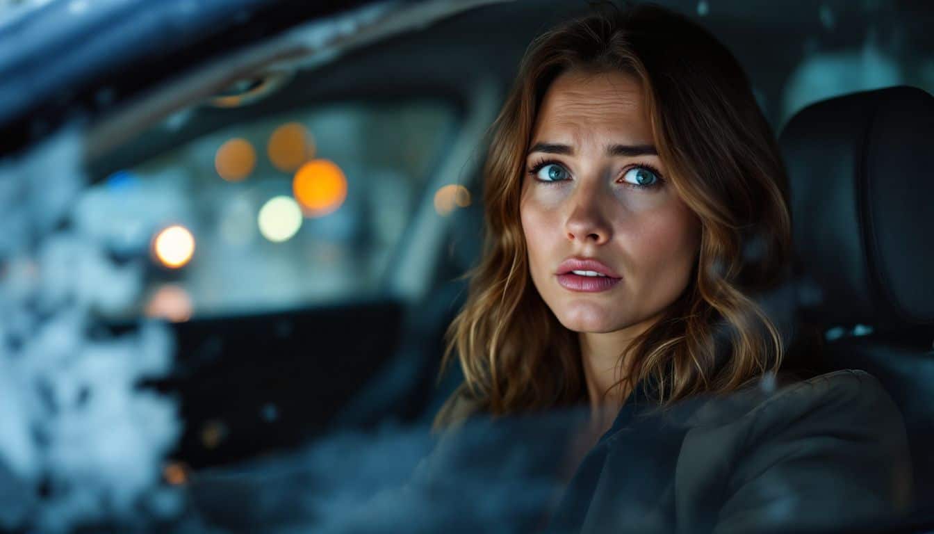 A woman in her 30s sits in a damaged car after an accident.