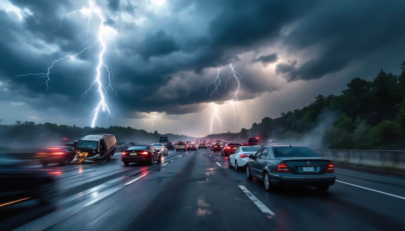 Multiple car collisions on a stormy highway with overturned vehicles.