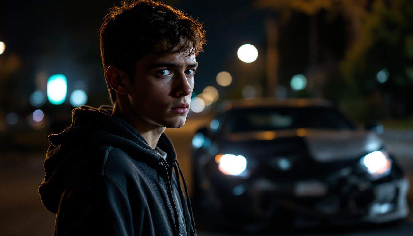 A worried teenager looks at their family's wrecked car at night.