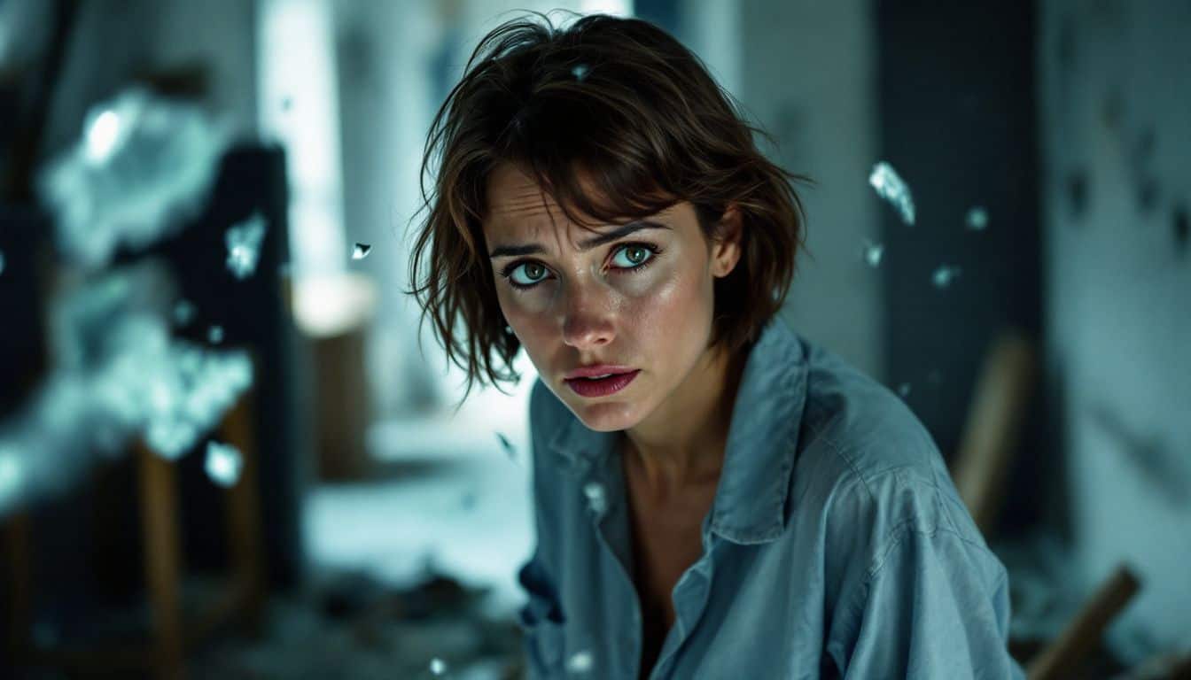 A distressed woman stands in a room with shattered glass.