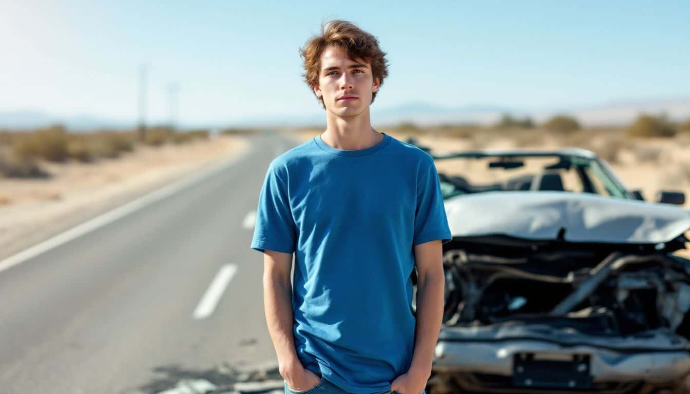 A person stands beside a totaled car on a deserted road.