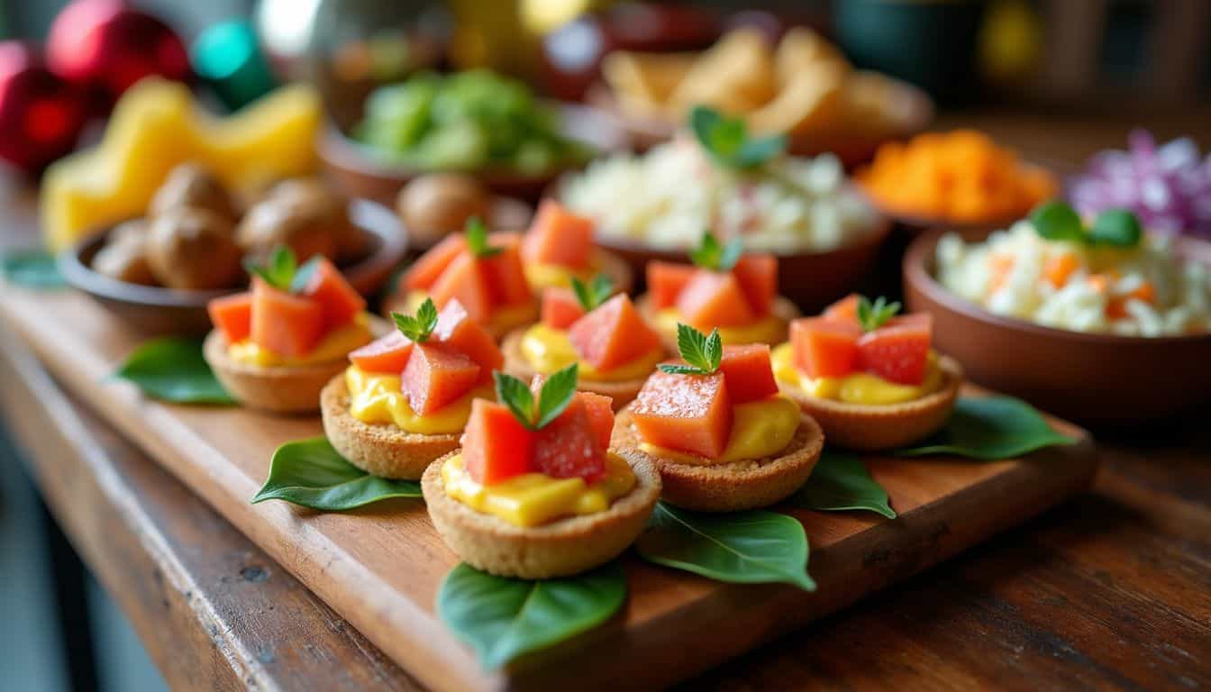 A colorful platter of appetizers and snacks for a New Year's Eve celebration.