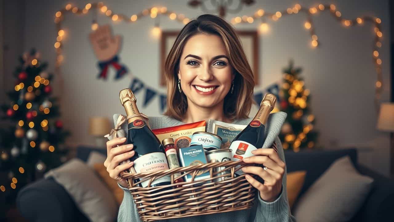 A woman holds a champagne and wine gift basket in a cozy living room.