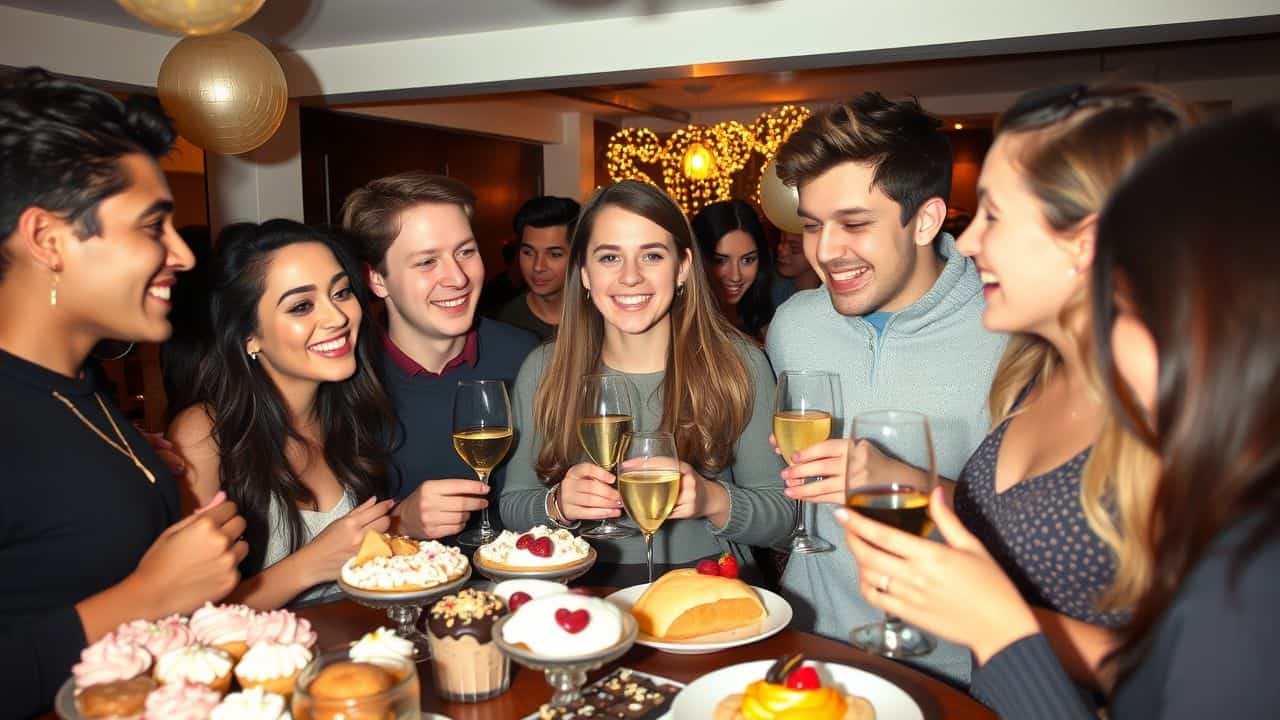 A casual New Year's Eve party with young adults enjoying desserts.