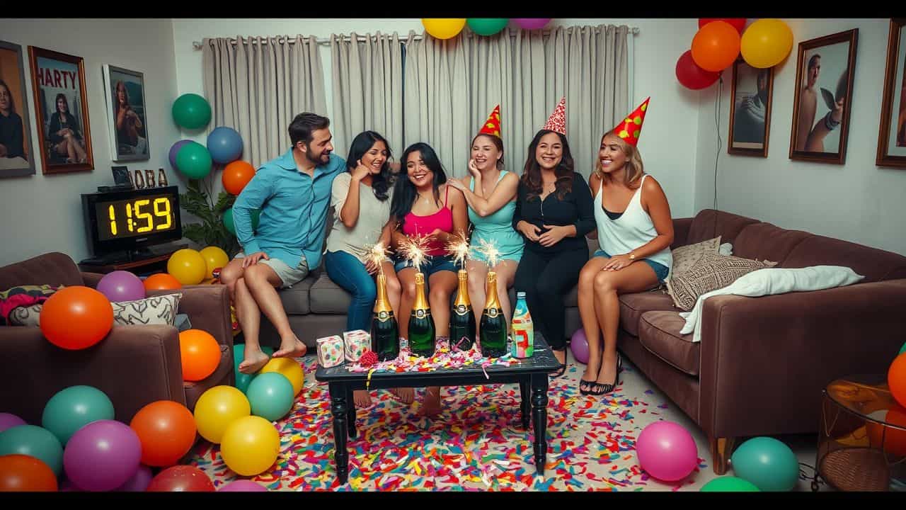 Friends gather in a messy living room for a New Year's Eve celebration.