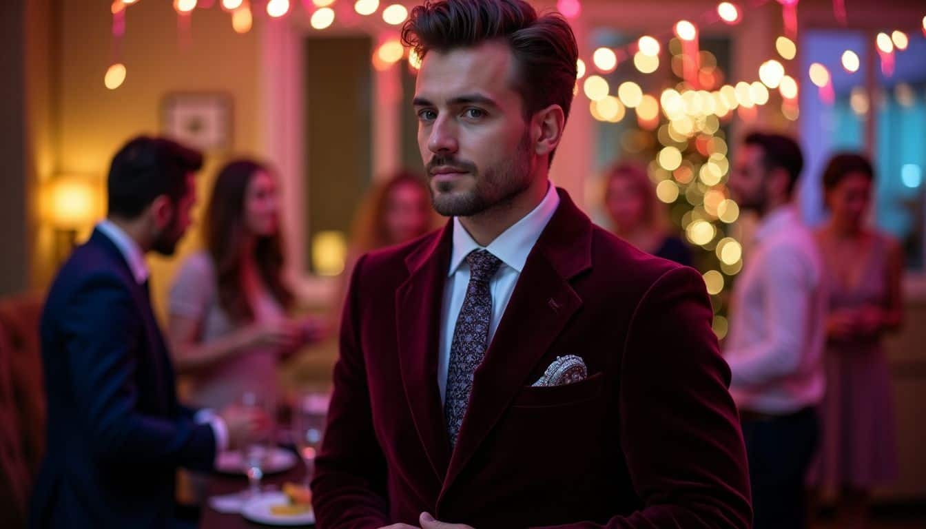 A man in a velvet blazer and bold tie at a party.