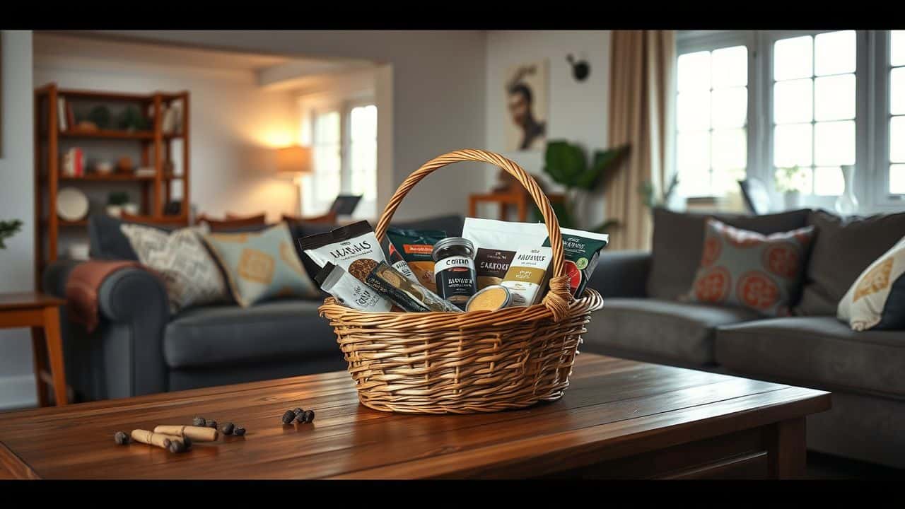 A gourmet snack basket sits on a wooden table in a cozy living room.