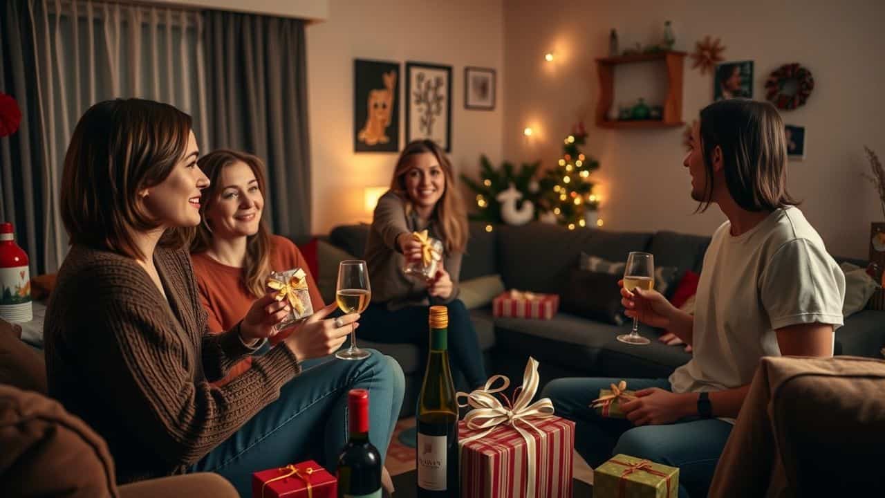 A group of young friends celebrating New Year's Eve in a cozy living room.