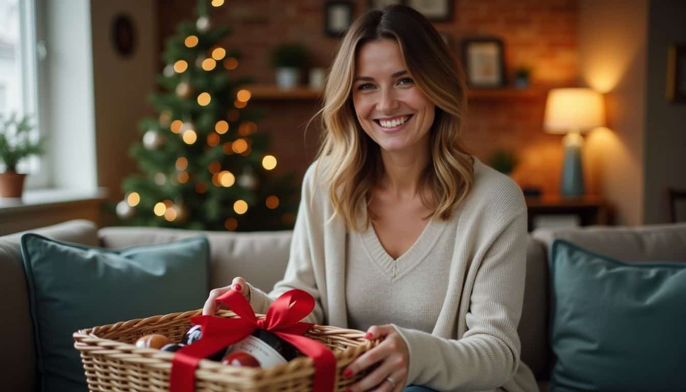 A woman unpacks a customized gift basket in a cozy living room.